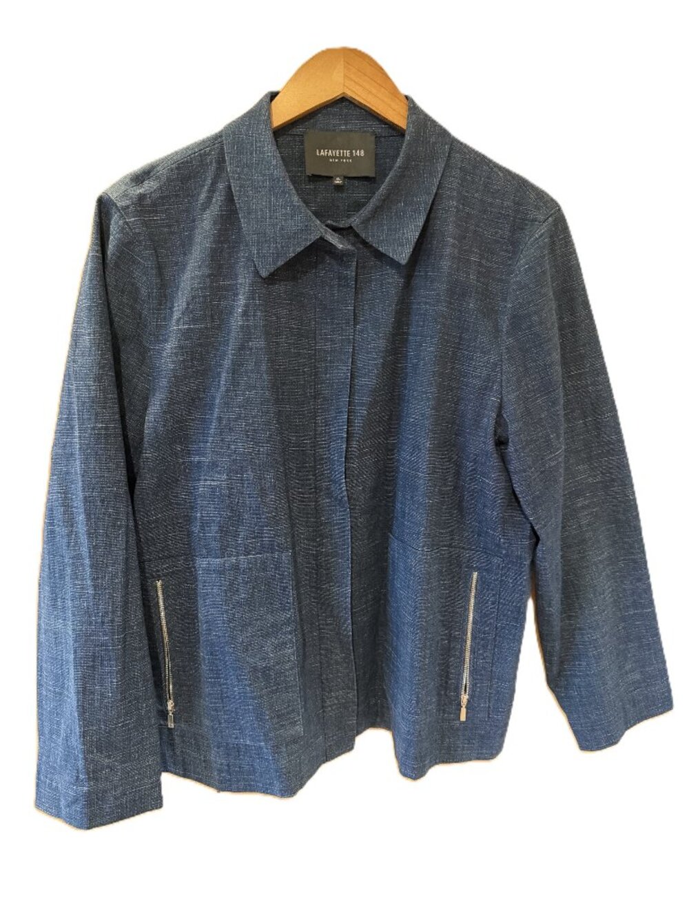 Lafayette 148 Blue Textured Cotton Blend Jacket, Zip Front and Pockets, Size XL